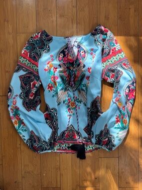 Everly Light Blue Floral Paisley Tie-Neck Blouse